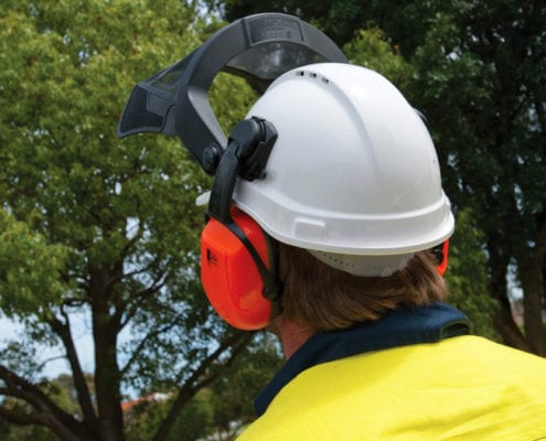 2 staff in ear defenders looking up