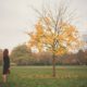 women in a park next to a autumn tree loosing its leaves